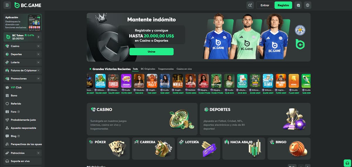 BC Game inicio con banner que ofrece hasta 20.000 US$ en casino o deportes. Navegación incluye casino, apuestas deportivas, lotería y criptomonedas, con sección de grandes victorias recientes y juegos como Crash y Fire in the Hole.