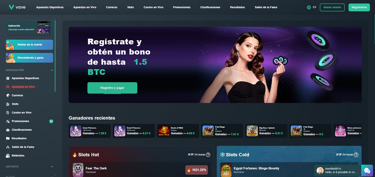 Vave inicio con banner que ofrece bono de hasta 1.5 BTC. Navegación incluye apuestas deportivas, slots, casino en vivo y promociones, con sección de ganadores recientes y juegos como Dark Princess y Big Bass Splash.